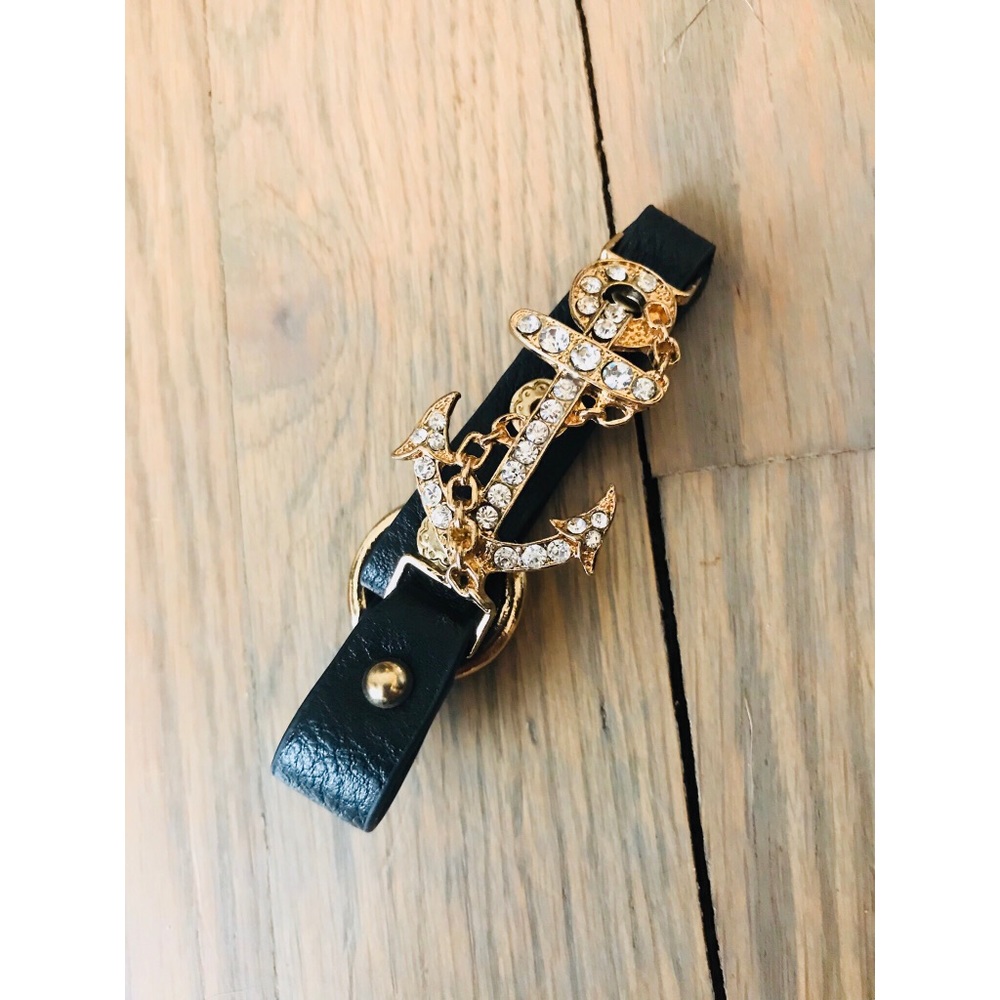 Faux Leather Bracelet w/ Rhinestone-Covered Anchor